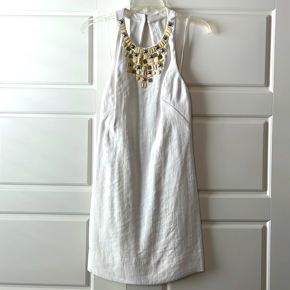 BCBG open back white shirt beaded collar 6 NWT